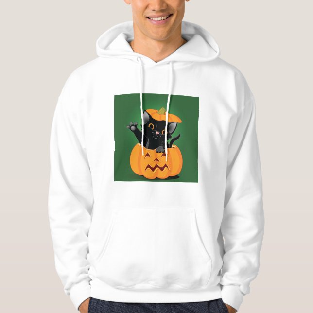 Schwarze Katze in einem Pumpkin Mens Hoodie (Vorderseite)