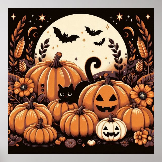 Schwarze Katze in einem Pumpkinpflaster Poster (Vorne)