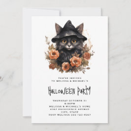 Schwarze Katze in einem Schwarzen Hexenhut Hallowe Einladung