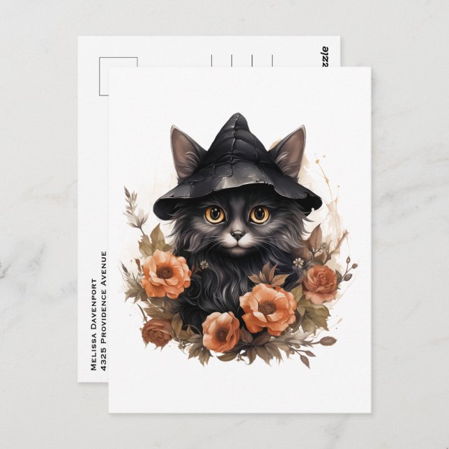 Schwarze Katze in einem Schwarzen Hexenhut Hallowe Postkarte (Vorne/Hinten)