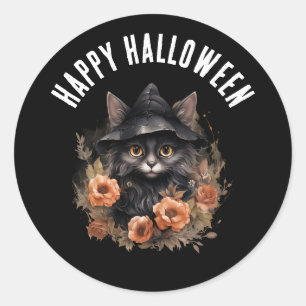 Schwarze Katze in einem Schwarzen Hexenhut Hallowe Runder Aufkleber