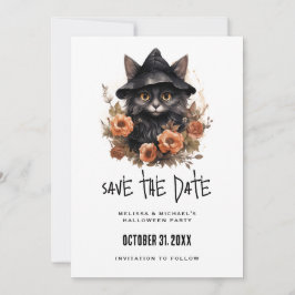 Schwarze Katze in einem Schwarzen Hexenhut Hallowe Save The Date