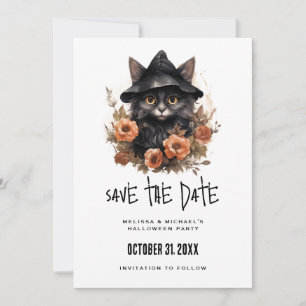 Schwarze Katze in einem Schwarzen Hexenhut Hallowe Save The Date