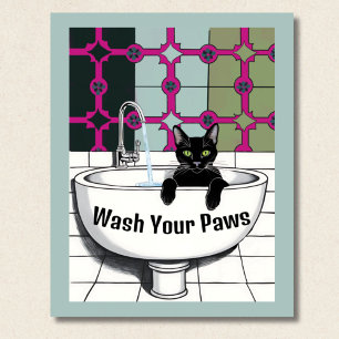 Schwarze Katze in einem Sink, Waschraum, Pfoten wa Poster