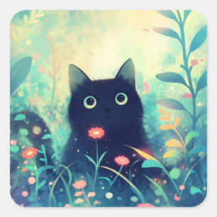 Schwarze Katze in einem traumhaften Wald der Licht Quadratischer Aufkleber
