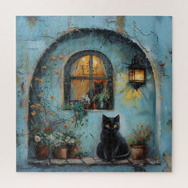 Schwarze Katze in einer blauen Alcove Puzzle (Vertikal)