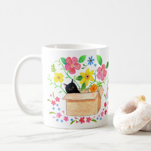 Schwarze Katze in einer Box mit Blumen Handgezeich Kaffeetasse