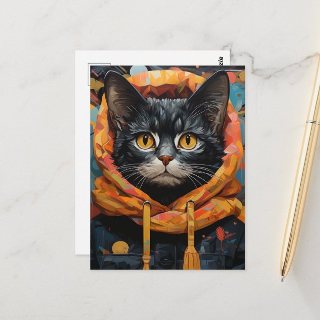 Schwarze Katze in einer Jacke Postkarte (Vorderseite/Rückseite Beispiel)