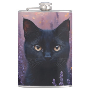 Schwarze Katze in einer Lavenderfelddarstellung Flachmann