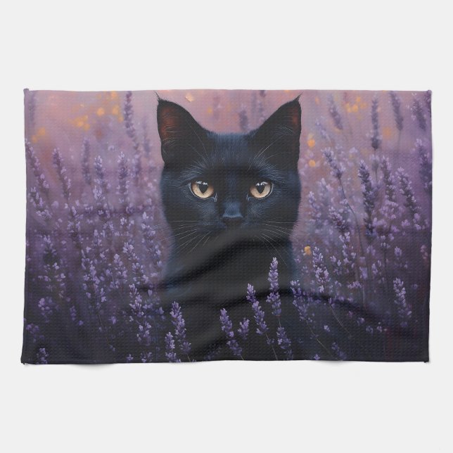 Schwarze Katze in einer Lavenderfelddarstellung Geschirrtuch (Horizontal)