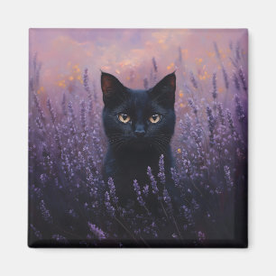 Schwarze Katze in einer Lavenderfelddarstellung Magnet