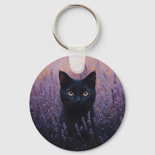 Schwarze Katze in einer Lavenderfelddarstellung Schlüsselanhänger