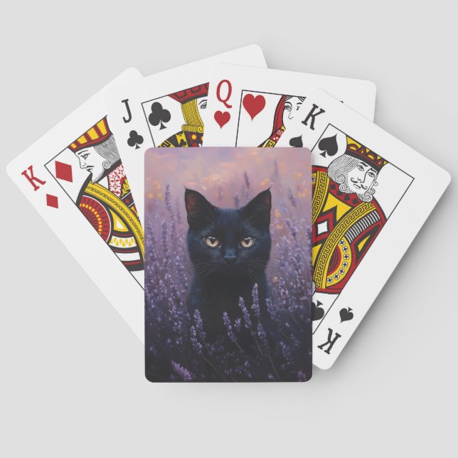 Schwarze Katze in einer Lavenderfelddarstellung Spielkarten (Rückseite)