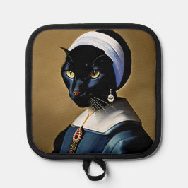 Schwarze Katze in einer Perlenohrmalerei Topflappen