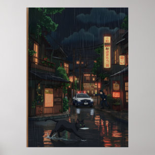 Schwarze Katze in einer regenreichen Neon-Japanisc Poster
