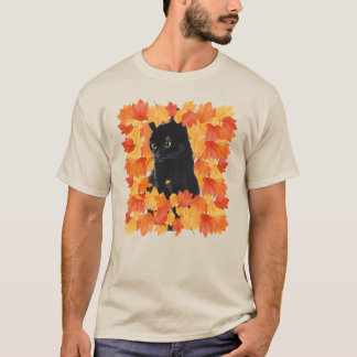 Schwarze Katze in Herbstblättern Herbst T-Shirt
