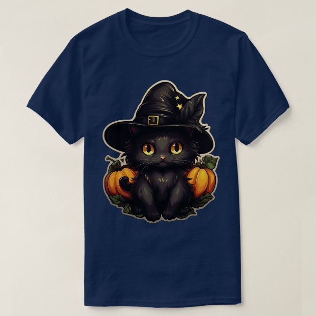 Schwarze Katze in Hexen Hut schwarze Katzen Spooky T-Shirt (Design vorne)