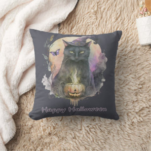 Schwarze Katze in Hexenhut Grau Himmel Halloween Kissen