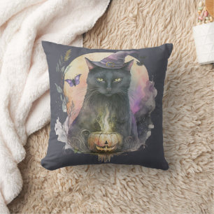 Schwarze Katze in Hexenhut Grau Himmel Halloween Kissen