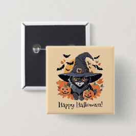 Schwarze Katze in Hexenhut Halloween Button