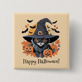 Schwarze Katze in Hexenhut Halloween Button
