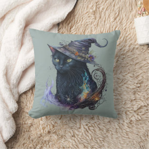 Schwarze Katze in Hexenhut raucht grün Halloween Kissen