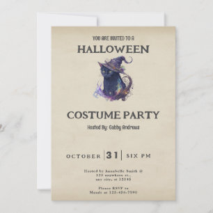 Schwarze Katze in Hexenhut Vintage Halloween Einladung