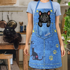 Schwarze Katze in Imitaten Denim Pocket mit Indivi Schürze
