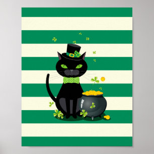 Schwarze Katze in Krawatte und Hut mit grünem Klee Poster