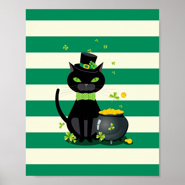 Schwarze Katze in Krawatte und Hut mit grünem Klee Poster (Vorne)