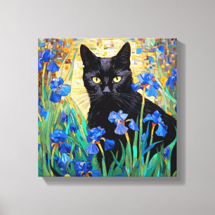 "Schwarze Katze in Lila Iris Art Leinwanddruck