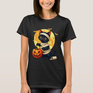 Schwarze Katze in Mumienkostüm und Kürbisse Hallow T-Shirt