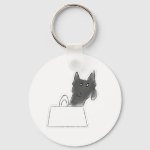 Schwarze Katze in Papiertüte Bleistiftkunst Schlüsselanhänger