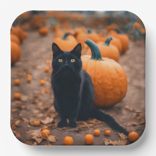 Schwarze Katze in Pumpkin-Patch Pappteller (Vorderseite)