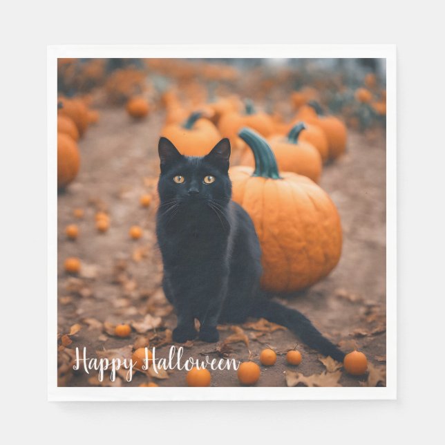 Schwarze Katze in Pumpkin-Patch Serviette (Vorderseite)
