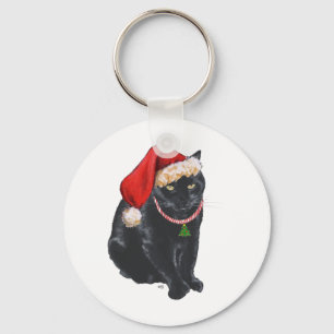 Schwarze Katze in Santa-Mütze Schlüsselanhänger