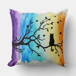 Schwarze Katze in Silhouette Tree Regenbogen Wasse Kissen