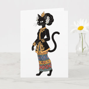 Schwarze Katze in traditioneller Batik-Kebaya-Kuns Karte