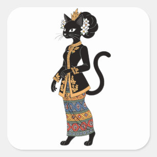 Schwarze Katze in traditioneller Batik-Kebaya-Kuns Quadratischer Aufkleber