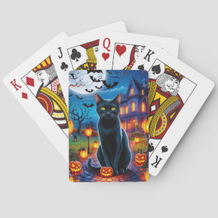 Schwarze Katze in verzauberter Halloween-Landschaf Spielkarten