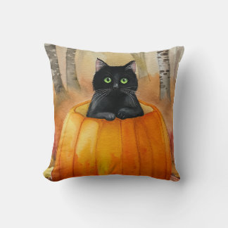 Schwarze Katze in Wasserfarbe, Pumpkin Herbstwaldh Kissen