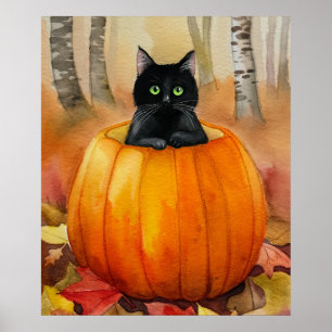 Schwarze Katze in Wasserfarbe, Pumpkin Herbstwaldh Poster
