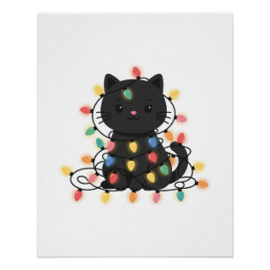 Schwarze Katze in Weihnachtslichter verheddert Poster