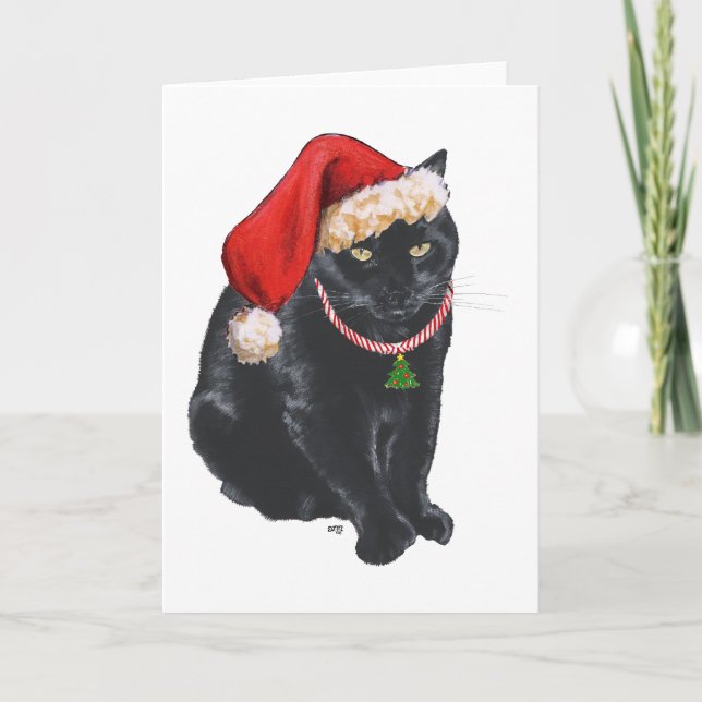 Schwarze Katze in Weihnachtsmannmütze Feiertagskarte (Vorderseite)