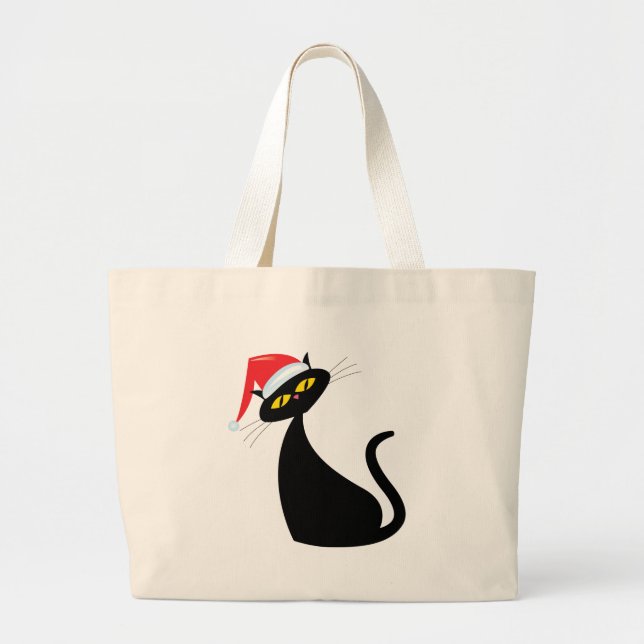Schwarze Katze in Weihnachtsmannmütze Jumbo Stoffbeutel (Vorne)