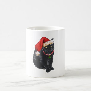Schwarze Katze in Weihnachtsmannmütze Kaffeetasse