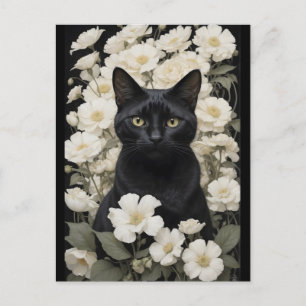 Schwarze Katze in weißen Blume Postkarte