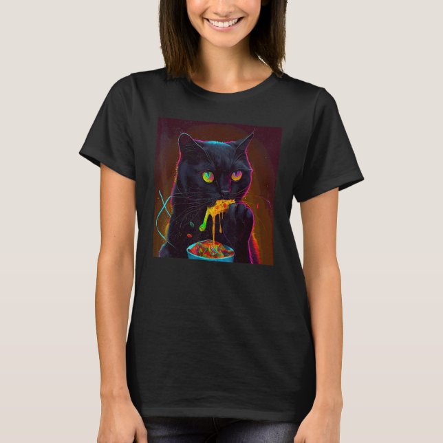 Schwarze Katze isst Buntes T-Shirt (Vorderseite)