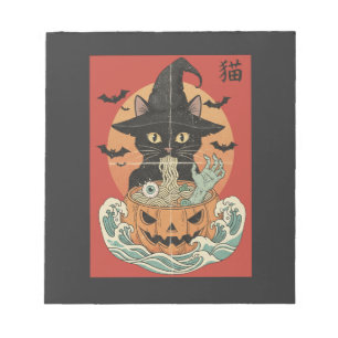 Schwarze Katze isst japanisches Ramen zu Halloween Notizblock