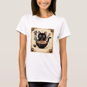 Schwarze Katze isst Ramen, süße Kawaii-Nudelschale T-Shirt
